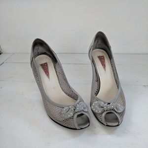 Vintage 80s Gray Mesh Peeptoe Heels Sheer Bow Shoes 7